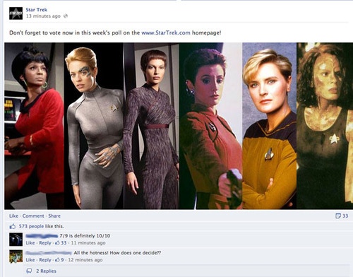 Post from StarTrek.com Facebook page with comments like "7/9 is definitely 10/10"