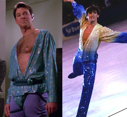 Riker on Angel One in an outfit similar to a figure skater