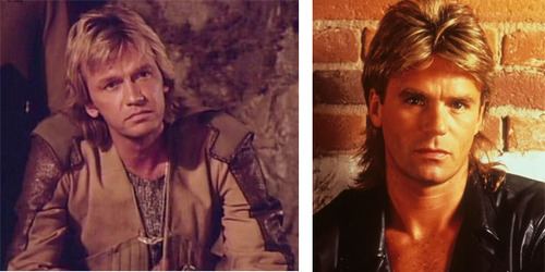 A photo comparing MacGyver with the lookalike character from this episode. Both have blonde mullet-like hair cuts, and are wearing leather jackets.