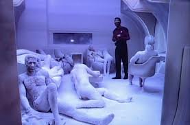 Geordi walks in on a room full of frozen bodies