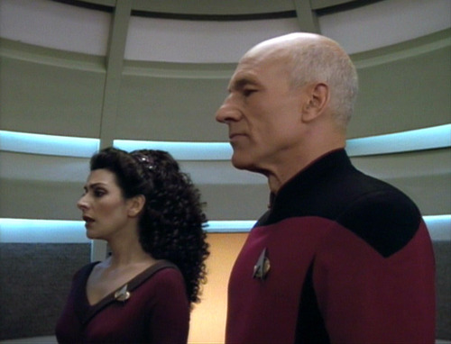 Troi confesses to Picard in the turbolift