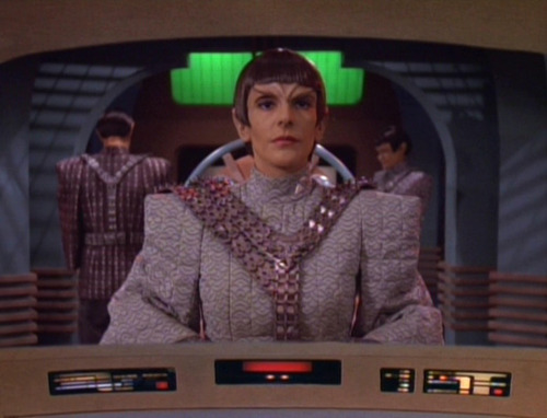 Troi as Rakal on the Enterprise viewscreen