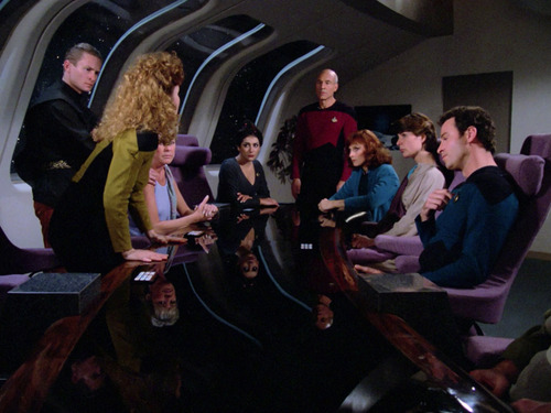 Parents meet with Picard and Troi