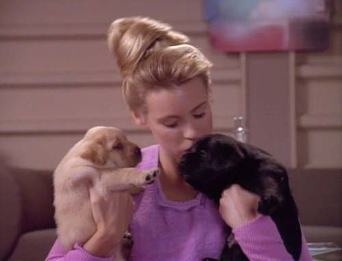 Amanda kisses two puppies