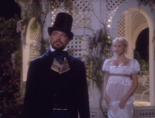 Riker and Amanda in a Jane Austen-esque setting and costumes