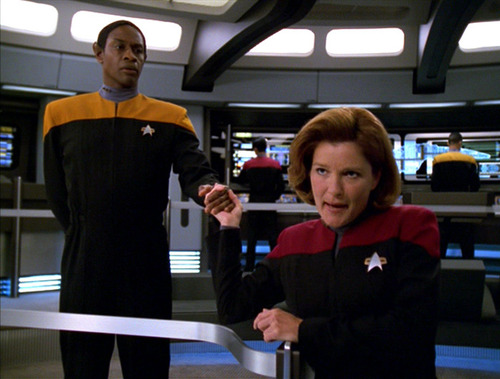 Janeway and Tuvok negotiate with "The Adultress"