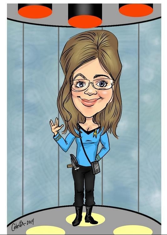Caricature of Jarrah on a transporter pad in a TOS blue shirt and pants
