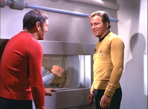 Kirk and Scotty smile at each other outside of the chamber where Romaine is laying