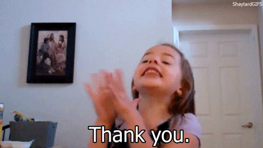 GIF of little girl applauding and saying Thank You