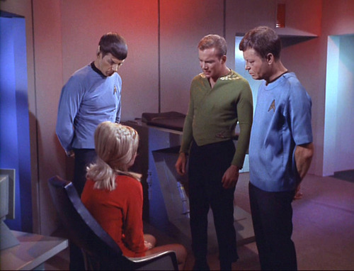 Spock, Kirk and McCoy confront a tearful Rand