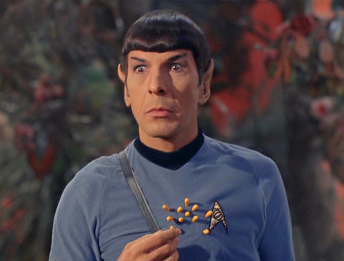 Spock freezes after being shot with sedative flower darts