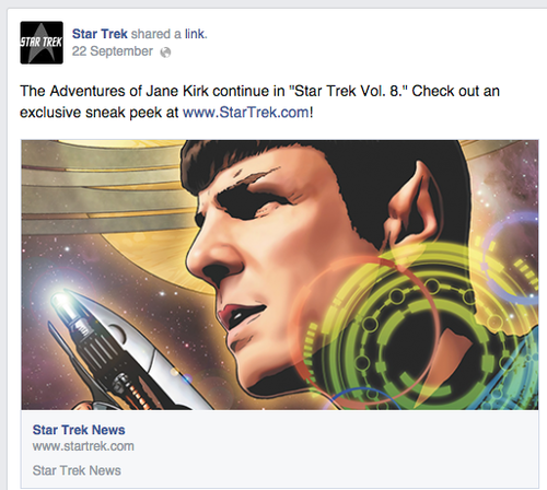 Post advertising the Star Trek Vol 8 comic and the adventures of Jane Kirk (gender swapped Capt Kirk)