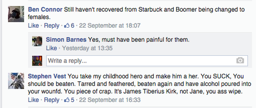 Ben Connor: "Still haven't recovered from Starbuck and Boomer being changed to females." 