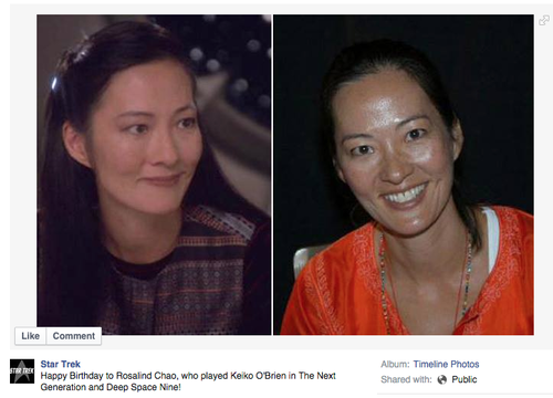 Post inviting fans to celebrate Rosalind Chao's bday, with photos of her now and of her as Keiko