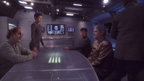 Phlox and T'Pol at the conference table across from the 2 Vulcans