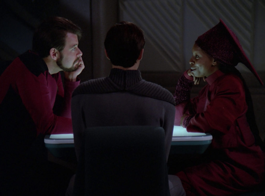 Riker and Guinan flirt in Ten Forward
