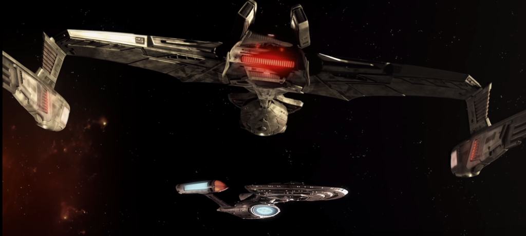 Klingon ship next to a Federation ship