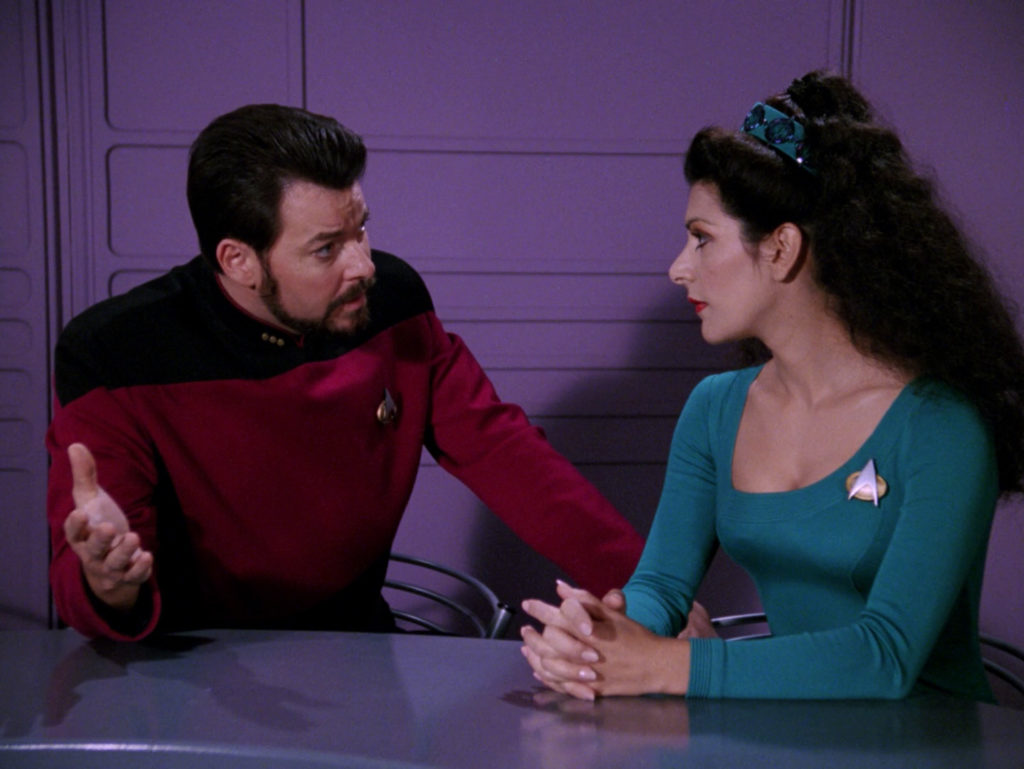 Riker pleads his innocence to Troi