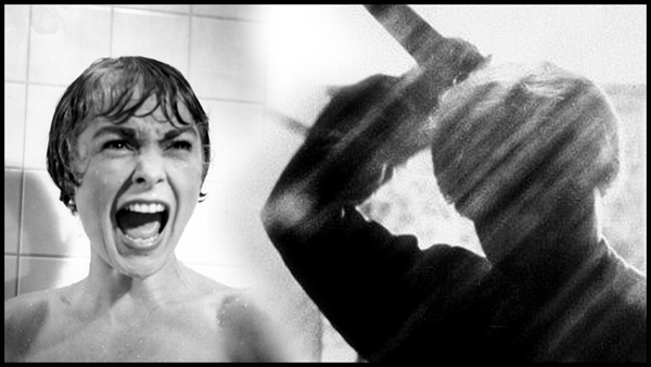 Janet Leigh screaming in the shower scene of Psycho, as a shadowy Norman Bates wields a knife