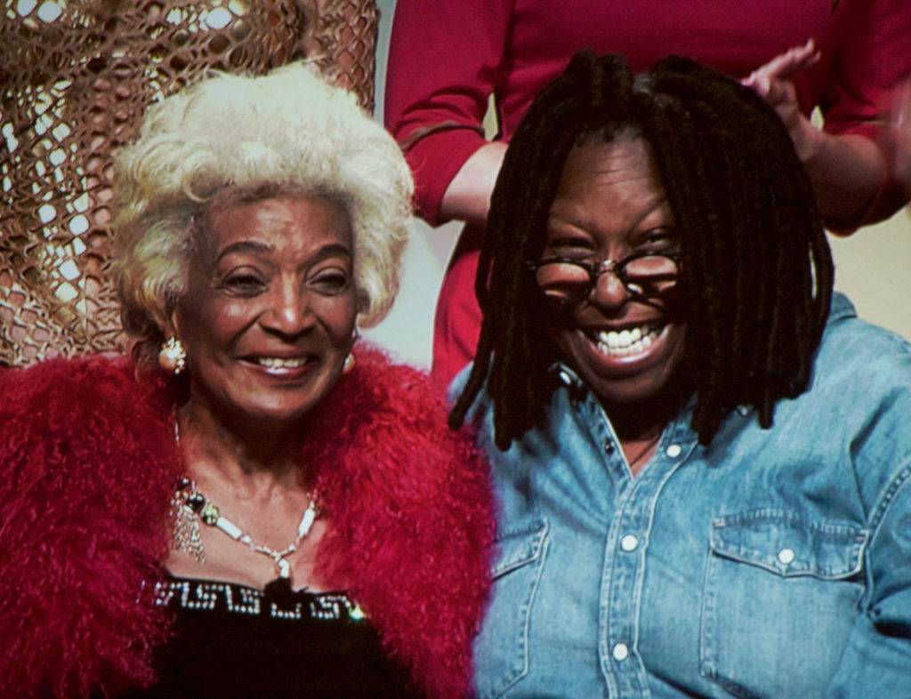 Nichelle Nichols and Whoopi Goldberg smiling on stage at STLV 2016