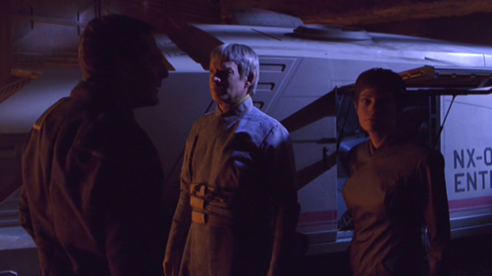 Archer, Sova and T'Pol exit the shuttlepod on the planet