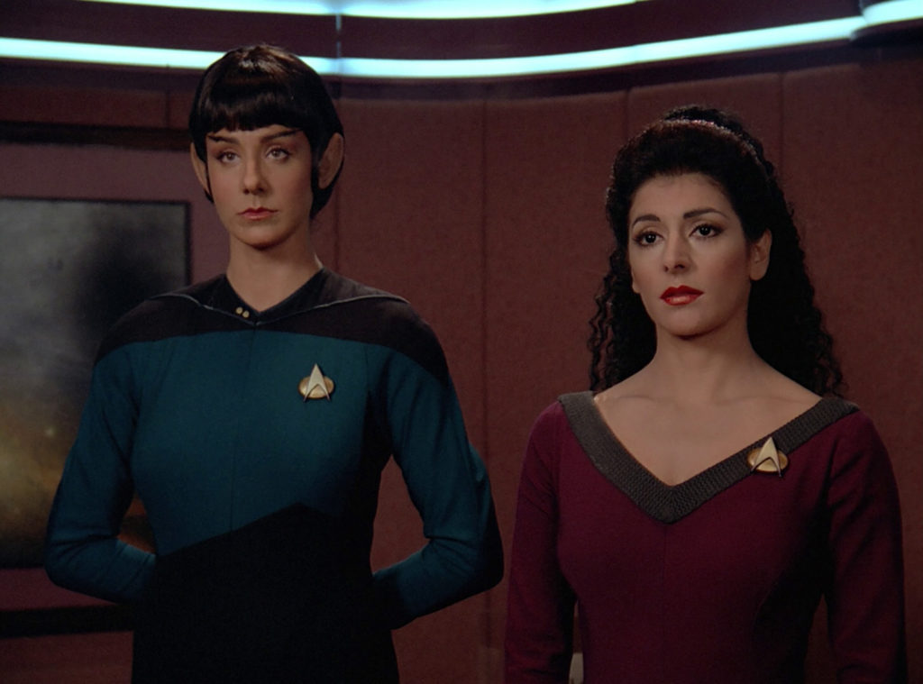 Selar and Troi in Picard's ready room